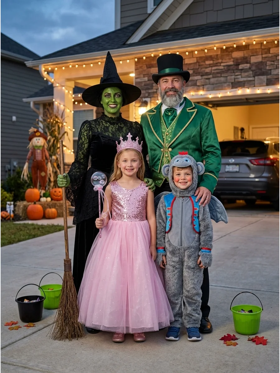 Wicked Family. Create a magical Oz-inspired group with Elphaba, Glinda, the Wizard, and a flying monkey. Green makeup, a pink dress, a formal jacket, and wings give every family me