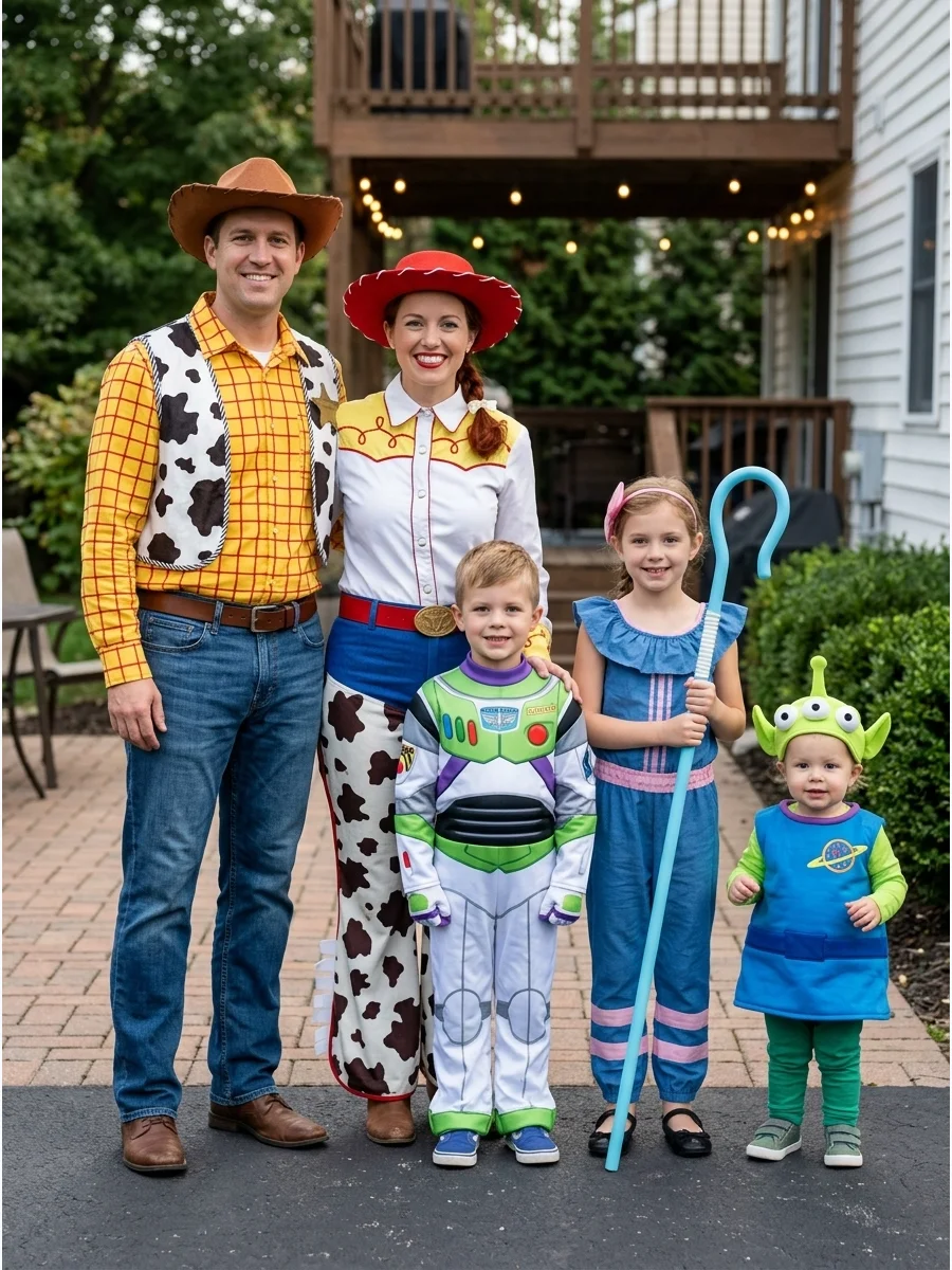 Toy Story 5 Family Costume. Turn your family into a playful Toy Story crew with Woody, Buzz Lightyear, Jessie, Bo Peep, and an alien. You can also replace one character with Forky,