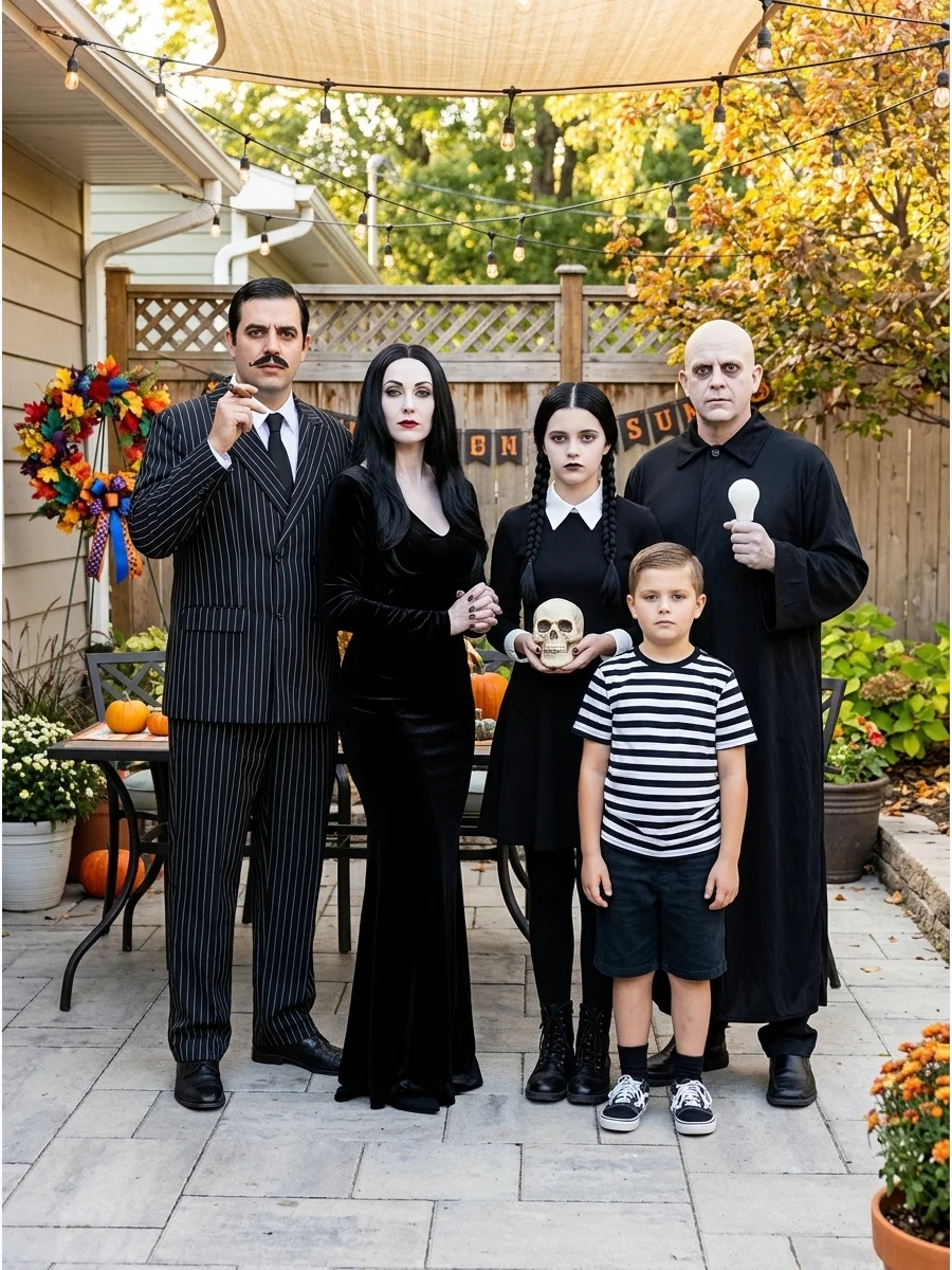 The Addams Family Costume. Create a delightfully dark family costume with Gomez, Morticia, Wednesday, Pugsley, and Uncle Fester. Black clothing, pale makeup, braided hair, pinstrip