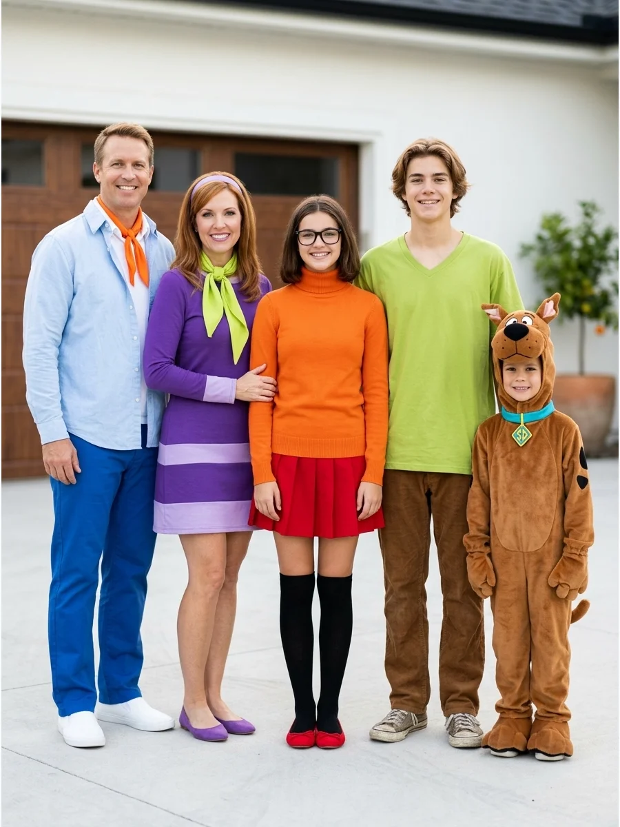 Scooby-Doo Mystery Inc. Costume. A family of five can become the complete Mystery Inc. gang with Fred, Daphne, Velma, Shaggy, and Scooby-Doo. Use brightly colored retro clothing an