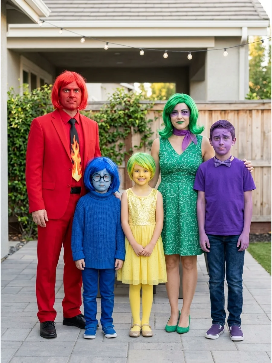 Inside Out Emotions Costume. Represent five different emotions with Joy, Sadness, Anger, Fear, and Disgust. Assign each family member one signature color and add simple wigs, face