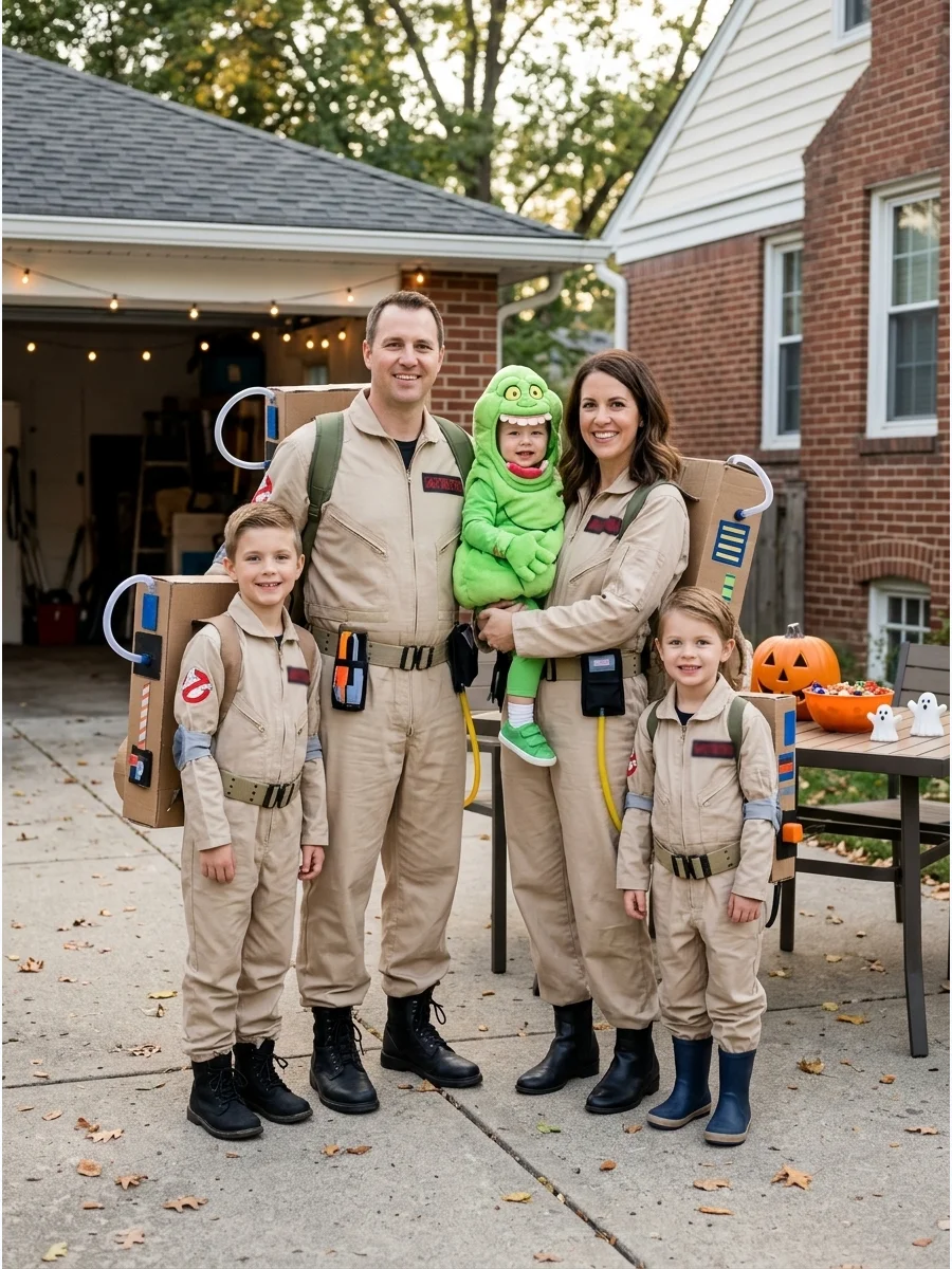 Ghostbusters Family Costume. Dress four people as Ghostbusters and turn the fifth family member into Slimer, the Stay Puft Marshmallow Man, or a friendly ghost. Beige jumpsuits and