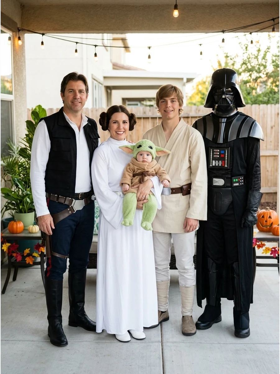 Star Wars Family Costume. Create a Star Wars group with Luke Skywalker, Princess Leia, Han Solo, Darth Vader, and Yoda. Families with a baby can place the youngest member in a comf