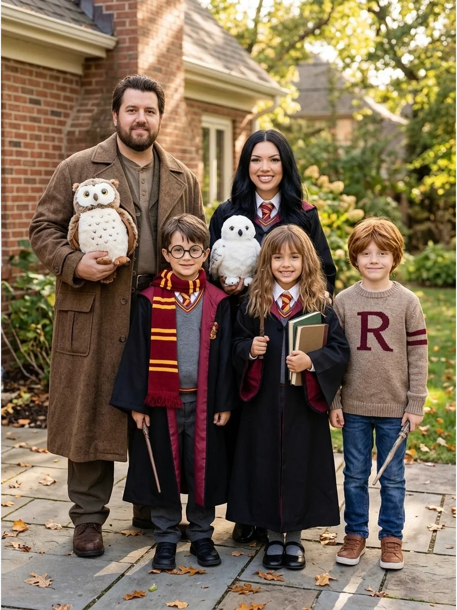 Harry Potter Family Costume. Choose Harry, Hermione, Ron, Hagrid, and Hedwig for a magical family theme. School robes, striped scarves, round glasses, wands, and an owl costume pro