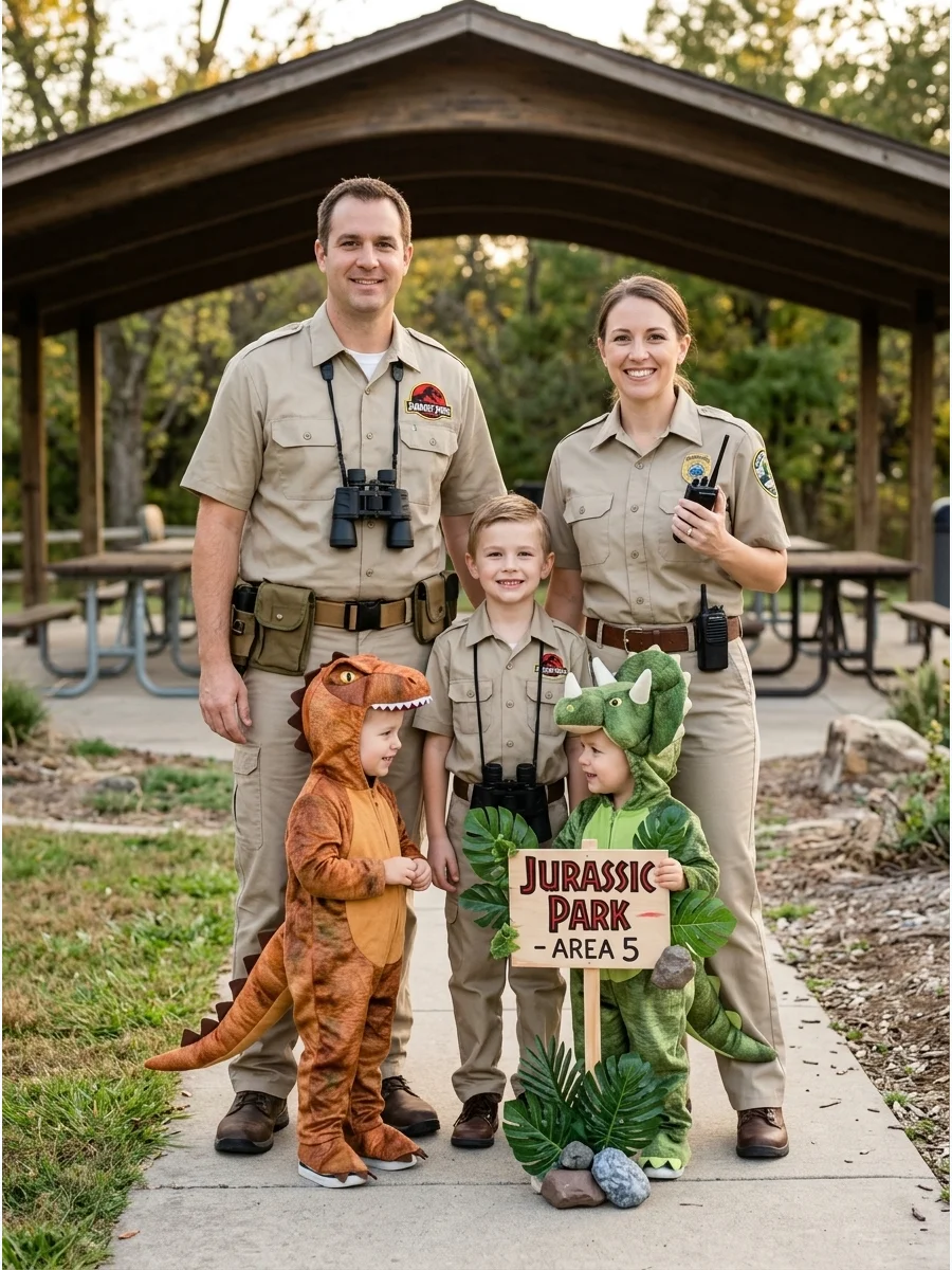 Jurassic Park Family Costume. Combine explorers and dinosaurs by dressing two people as Jurassic Park researchers, two as dinosaurs, and one as a park ranger. Add khaki clothing, u