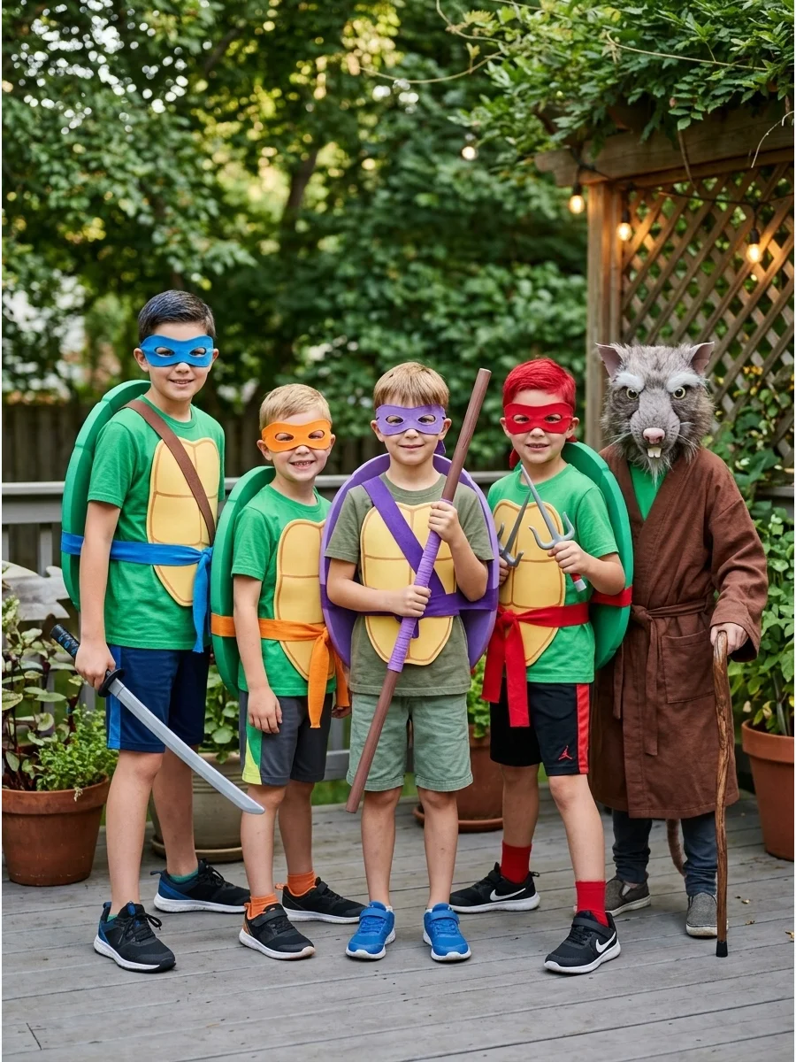 Teenage Mutant Ninja Turtles Costume. A family of five can become Leonardo, Michelangelo, Donatello, Raphael, and Master Splinter. Green shirts, colored eye masks, foam shells, and