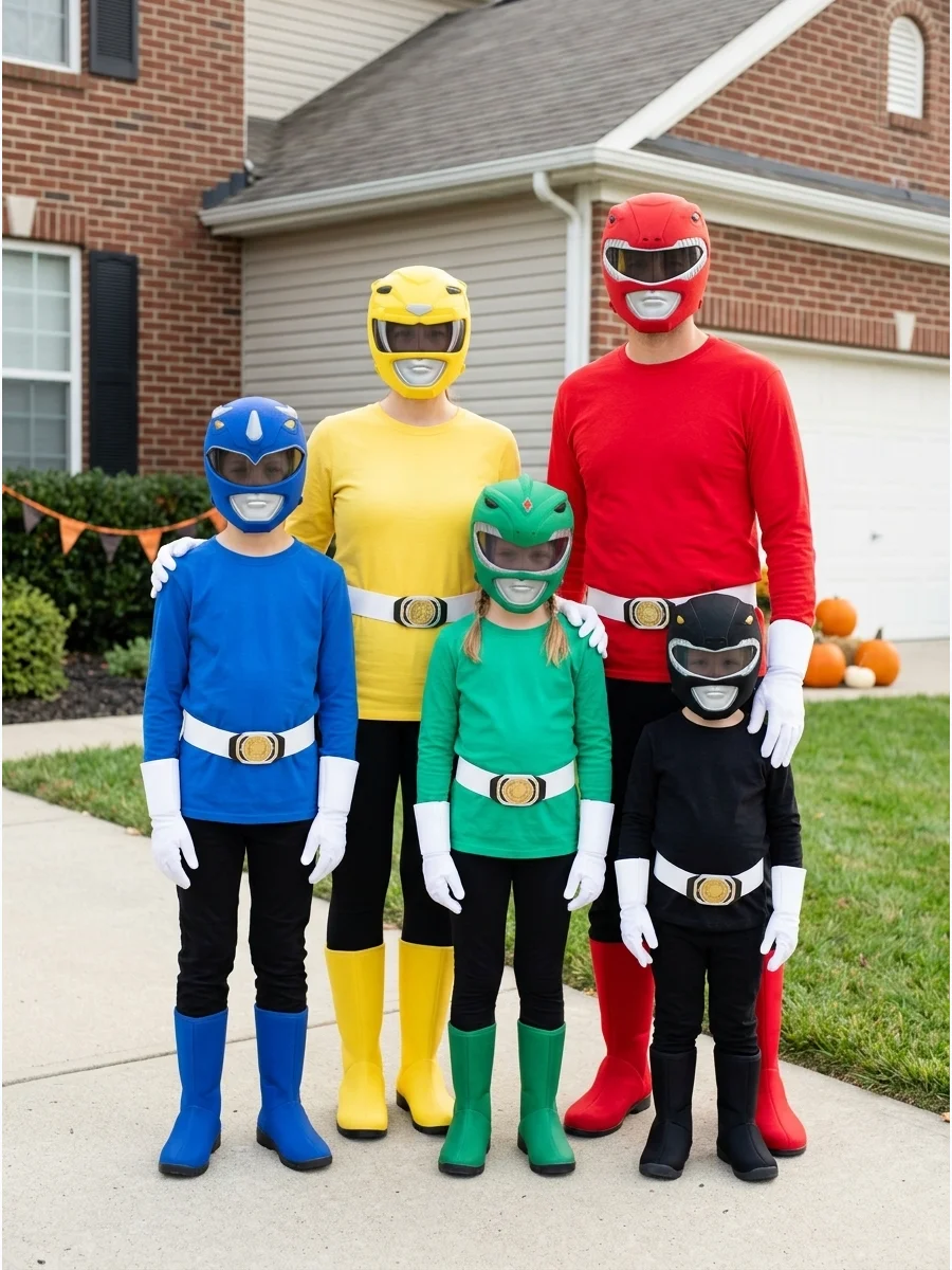 Power Rangers Family Costume. Assign each family member a different Power Ranger color for an instantly coordinated costume. Matching colored shirts, white gloves, belts, boots, an