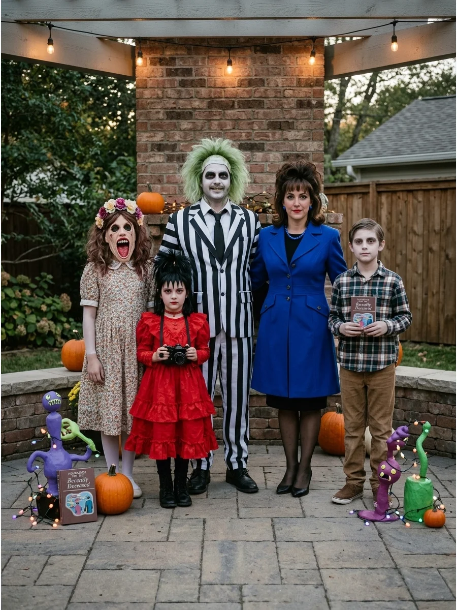 Beetlejuice Family Costume. Dress as Beetlejuice, Lydia, Delia, Adam, and Barbara for a quirky supernatural group. Mix black-and-white stripes, gothic dresses, dramatic makeup, unu
