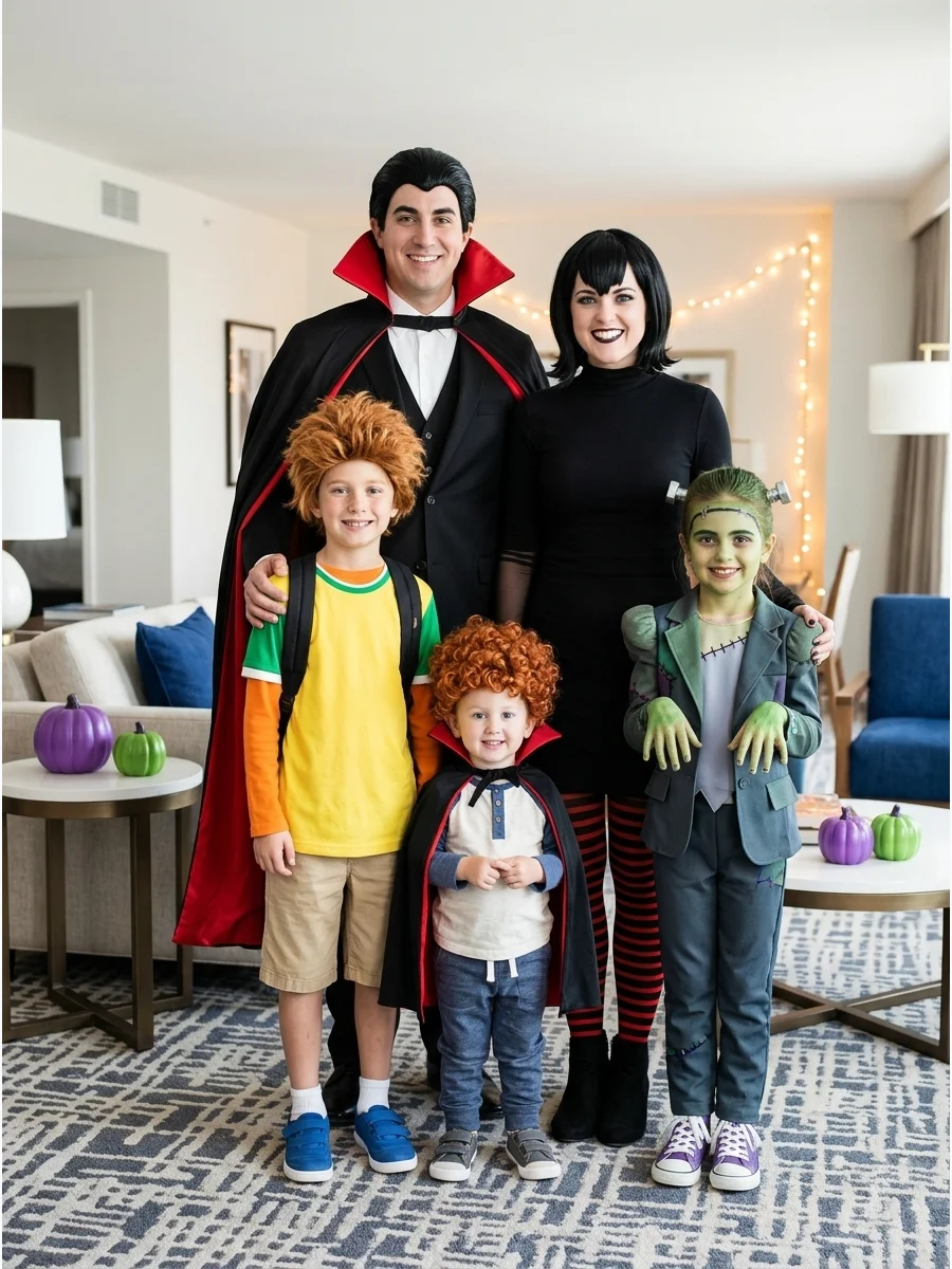 Hotel Transylvania Family Costume. Choose Dracula, Mavis, Johnny, Dennis, and Frankenstein for a spooky but family-friendly theme. Capes, black clothing, colorful wigs, monster mak