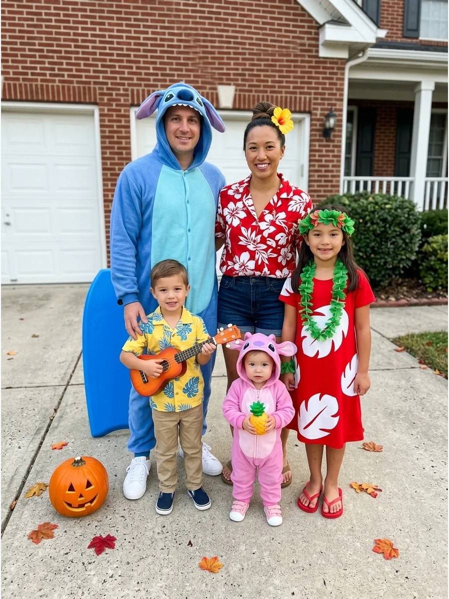 Lilo and Stitch Family Costume. Create a tropical group with Lilo, Stitch, Nani, David, and Angel. Hawaiian shirts, flower accessories, red dresses, surf-inspired clothing, and sof