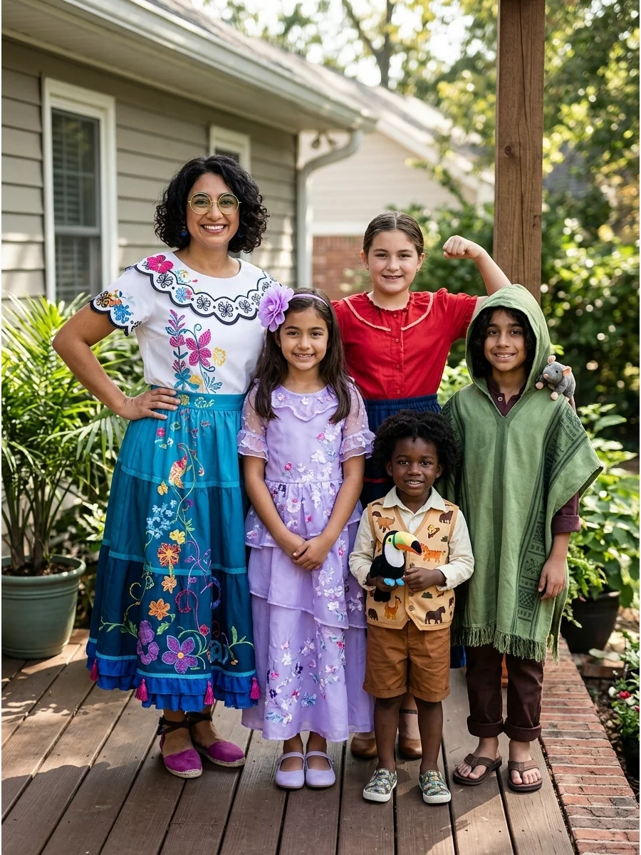 Encanto Family Costume. Dress as Mirabel, Isabela, Luisa, Bruno, and Antonio for a vibrant family ensemble. Use embroidered dresses, floral accessories, glasses, ponchos, animal de