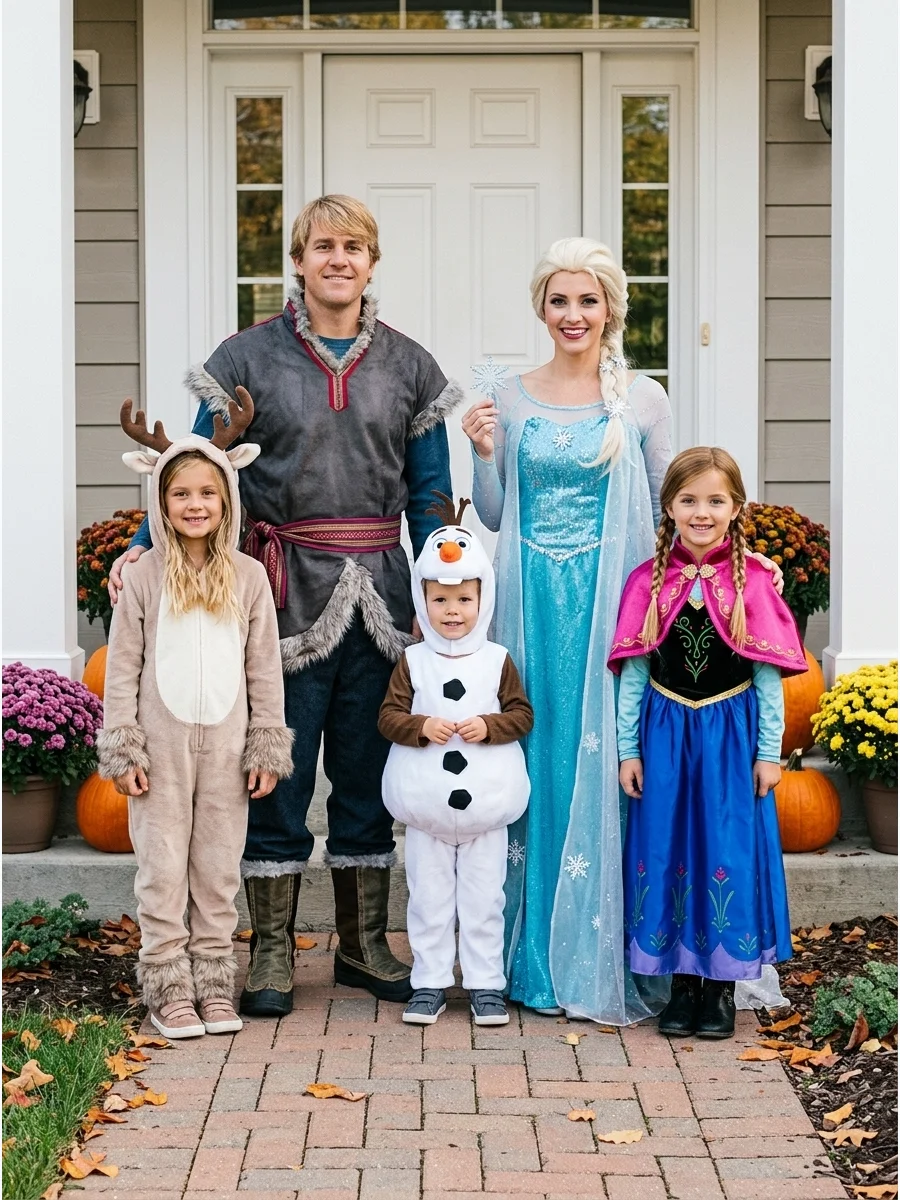 Frozen Family Costume. Choose Elsa, Anna, Olaf, Kristoff, and Sven for a wintery Halloween theme. Sparkling dresses, capes, faux fur, antlers, carrot details, and snowflake accesso