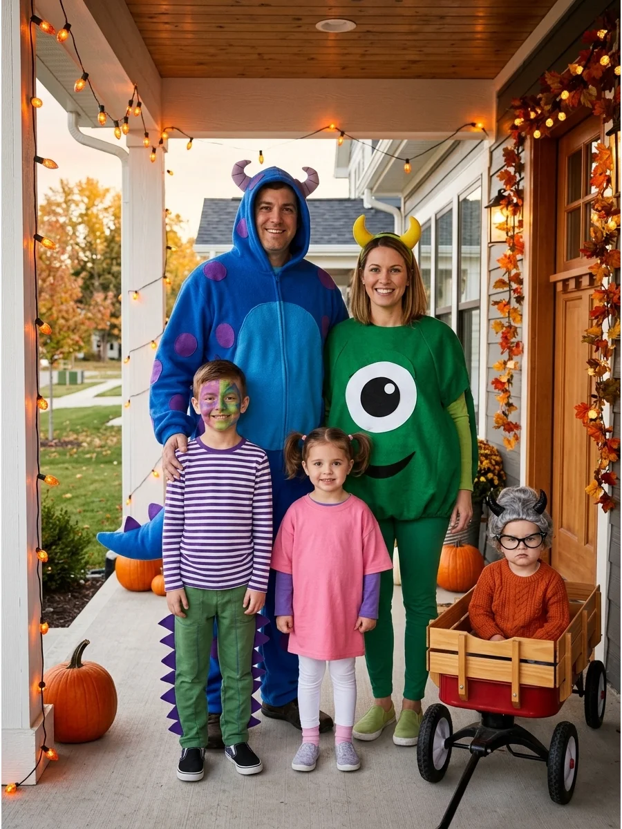 Monsters, Inc. Family Costume. Turn your group into Sulley, Mike Wazowski, Boo, Randall, and Roz. Colorful hoodies, felt spots, horns, oversized glasses, and a simple pink outfit c