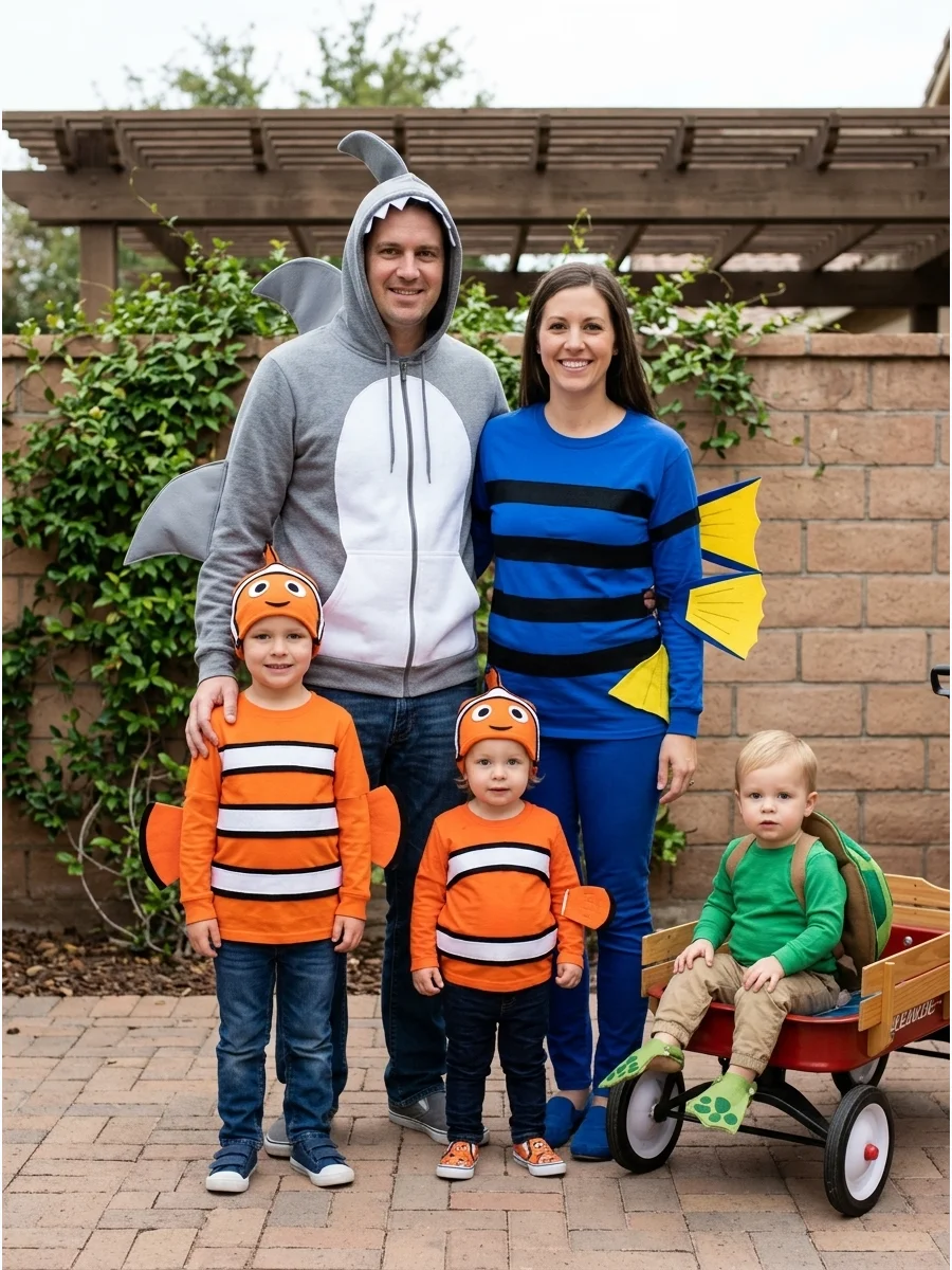 Finding Nemo Family Costume. Dress as Nemo, Dory, Marlin, Crush, and Bruce for an under-the-sea family theme. Use brightly colored shirts, fins, turtle shells, striped details, and
