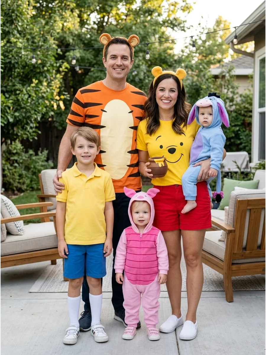 Winnie-the-Pooh Family Costume. Choose Winnie-the-Pooh, Tigger, Piglet, Eeyore, and Christopher Robin. Matching character colors, animal ears, tails, red shirts, and a small honey-
