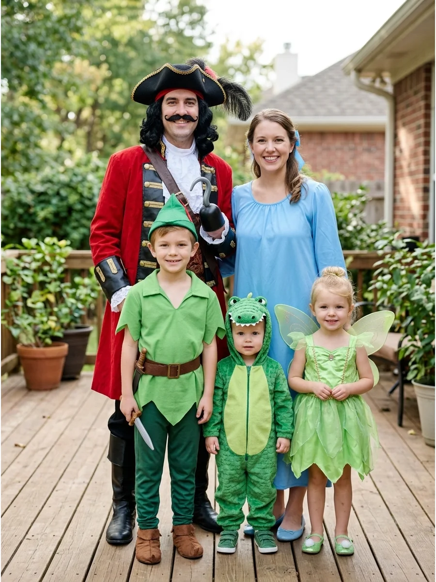 Peter Pan Family Costume. Dress as Peter Pan, Wendy, Tinker Bell, Captain Hook, and the crocodile. Green clothing, fairy wings, a blue nightgown, pirate accessories, and a crocodil