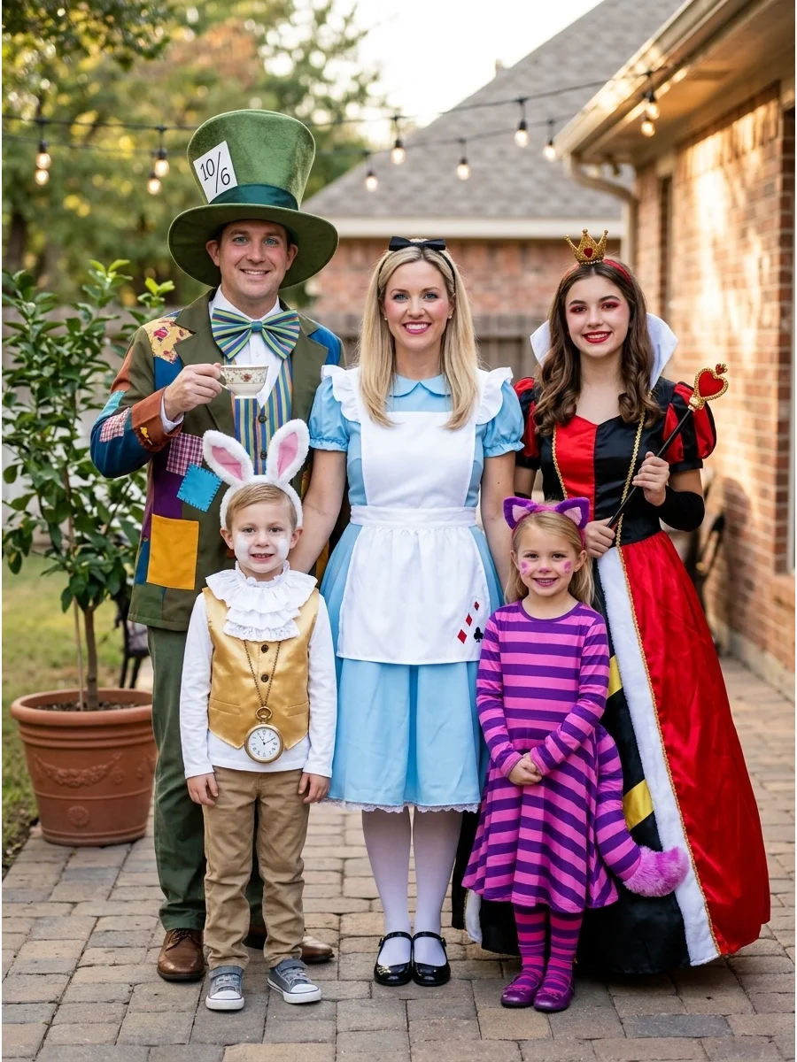 Alice in Wonderland Costume. Create a whimsical group with Alice, the Mad Hatter, the Queen of Hearts, the White Rabbit, and the Cheshire Cat. Mix bold patterns, oversized hats, pl