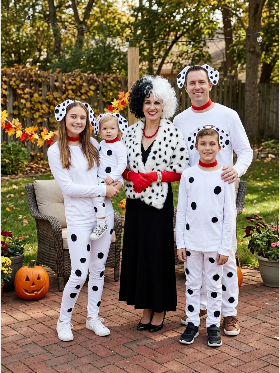 101 Dalmatians Family Costume. Dress one person as Cruella de Vil and turn the remaining family members into Dalmatian puppies. White shirts, black felt spots, floppy ears, red col