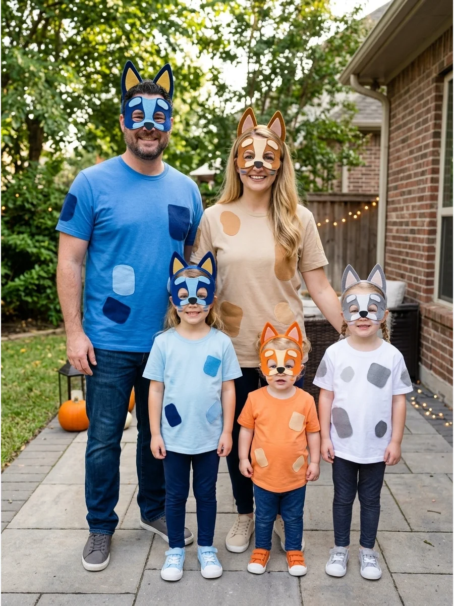 Bluey and Friends Family Costume. Create a colorful Bluey group with Bluey, Bingo, Bandit, Chilli, and Muffin. Soft animal-ear headbands, matching shirts, felt spots, and face pain