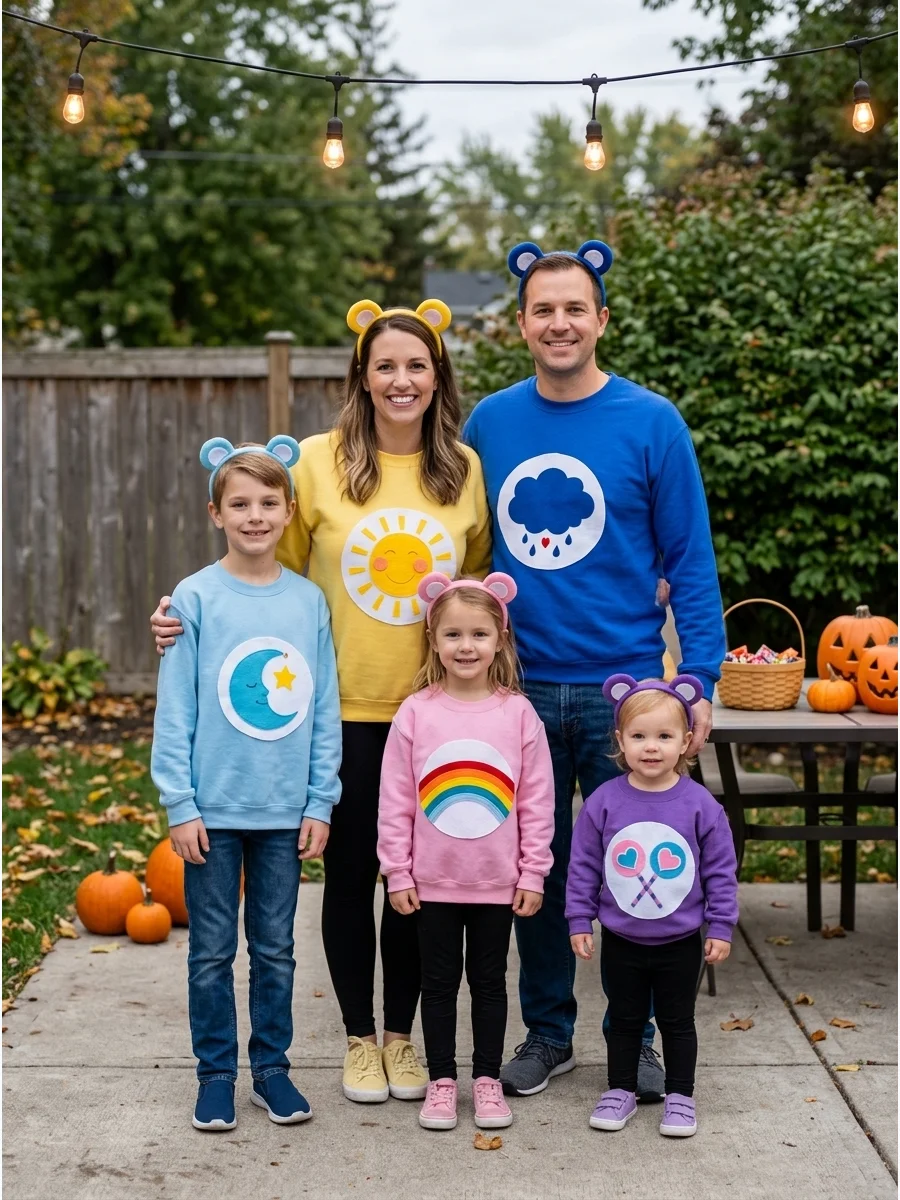 Care Bears Family Costume. Let each family member choose a different Care Bear and matching color. Use solid-colored sweatshirts, bear ears, small tails, and handmade belly badges