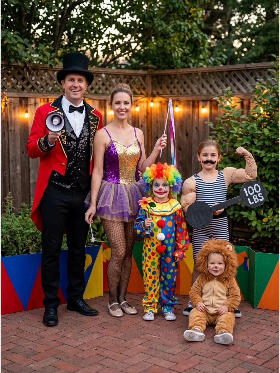 Traveling Circus Family Costume. Create a complete circus with a ringmaster, clown, strong person, lion, and acrobat. Red jackets, striped clothing, tutus, bow ties, animal ears, a