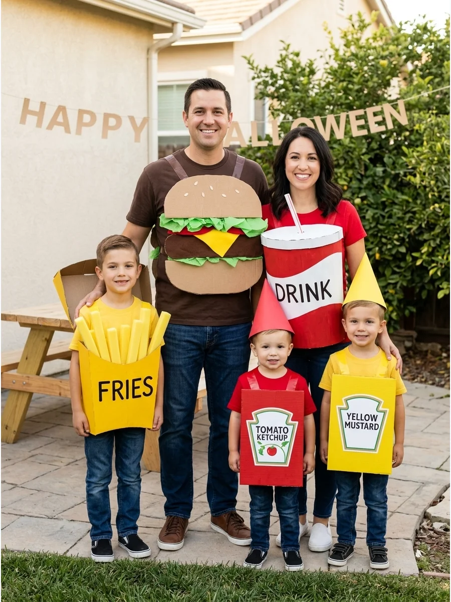 Fast-Food Meal Costume. Turn your family into a hamburger, fries, soda, ketchup, and mustard. Make each outfit with colored shirts and lightweight cardboard signs for an inexpensiv