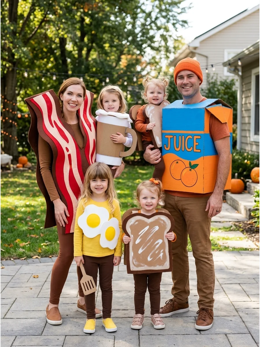 Breakfast Family Costume. Dress as bacon, eggs, toast, orange juice, and a coffee cup. Felt, foam sheets, cardboard, and solid-colored clothing can turn these breakfast foods into