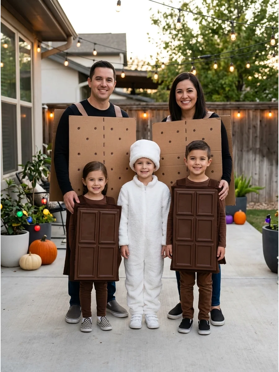 Family S’mores Costume. Assign two family members as graham crackers, two as chocolate pieces, and one as a marshmallow. Brown cardboard panels and a fluffy white outfit create an