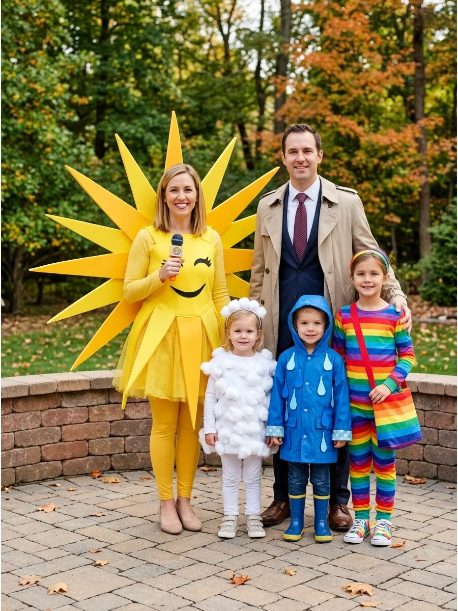 Weather Forecast Costume. Create a family weather report with sunshine, a cloud, rain, a rainbow, and a meteorologist. Use a yellow sunburst, cotton clouds, blue ribbon raindrops,