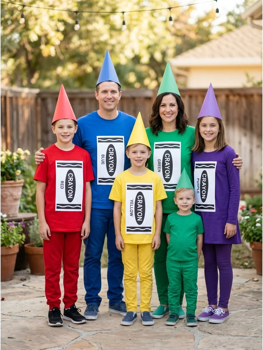 Box of Crayons Costume. Turn all five family members into different colored crayons. Wear matching solid-colored outfits and create pointed crayon hats from poster board, adding th