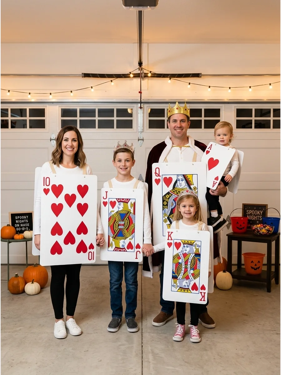 Royal Flush Playing Cards Costume. Dress as the ten, jack, queen, king, and ace from the same playing-card suit. Use white shirts or foam boards decorated with oversized red or bla