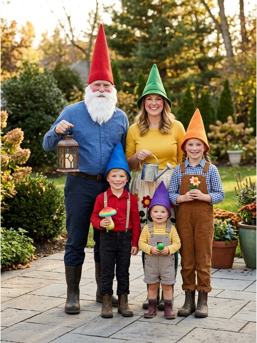 Garden Gnome Family Costume. Create five cheerful garden gnomes using tall felt hats, suspenders, colorful shirts, boots, and optional white beards. Give each gnome a different acc