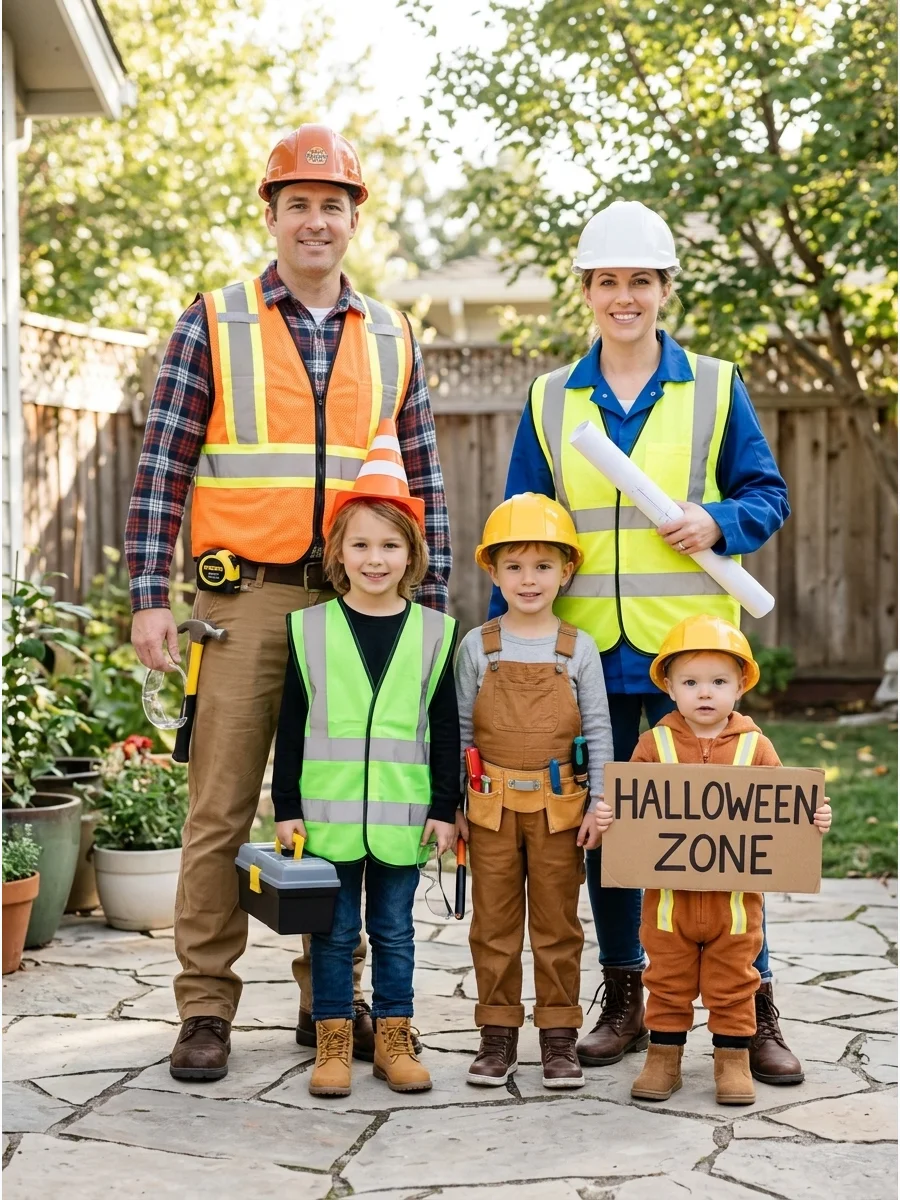 Construction Crew Costume. Dress your family as builders, engineers, and traffic workers. Reflective vests, hard hats, work boots, tool belts, rolled-up blueprints, and a cardboard