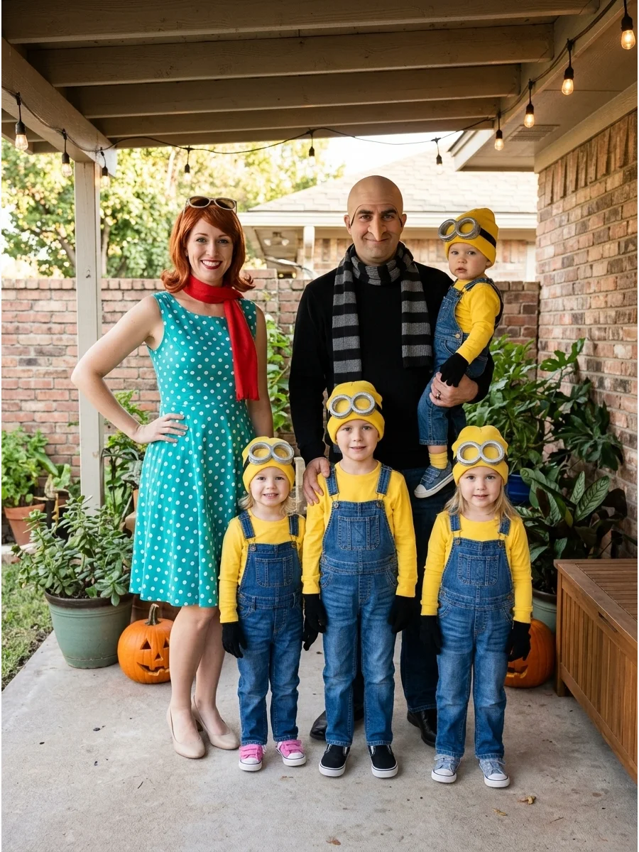Minions Family Costume. Dress four family members as Minions and choose Gru, Lucy, or Vector for the fifth person. Yellow shirts, denim overalls, black gloves, and homemade goggles