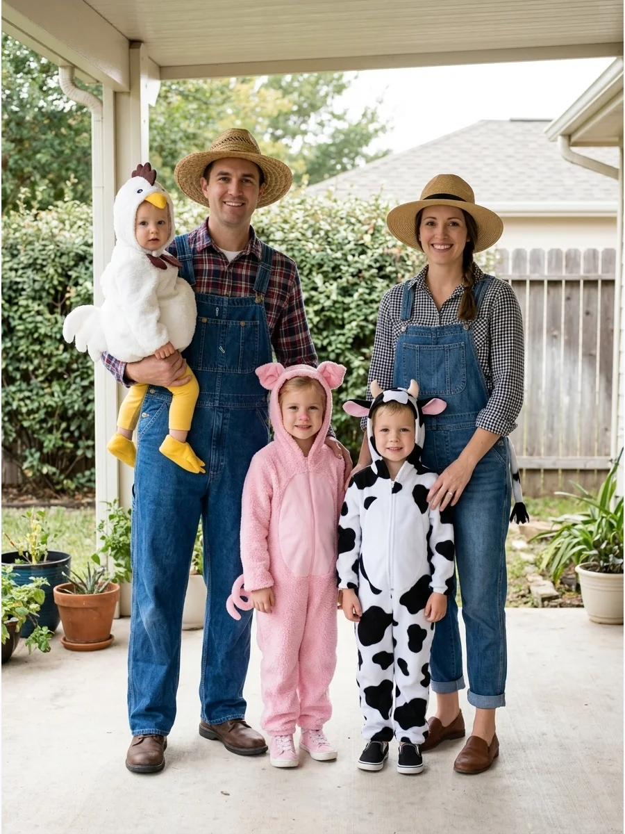 Farmers and Farm Animals Costume. Dress two family members as farmers and the other three as a cow, pig, and chicken. Overalls, plaid shirts, straw hats, animal ears, and simple ta