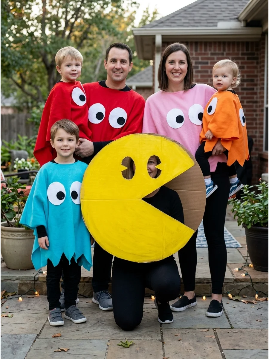 Pac-Man Family Costume. One person can dress as Pac-Man while the remaining four become Blinky, Pinky, Inky, and Clyde. Create the characters with colored ponchos, felt eyes, and a