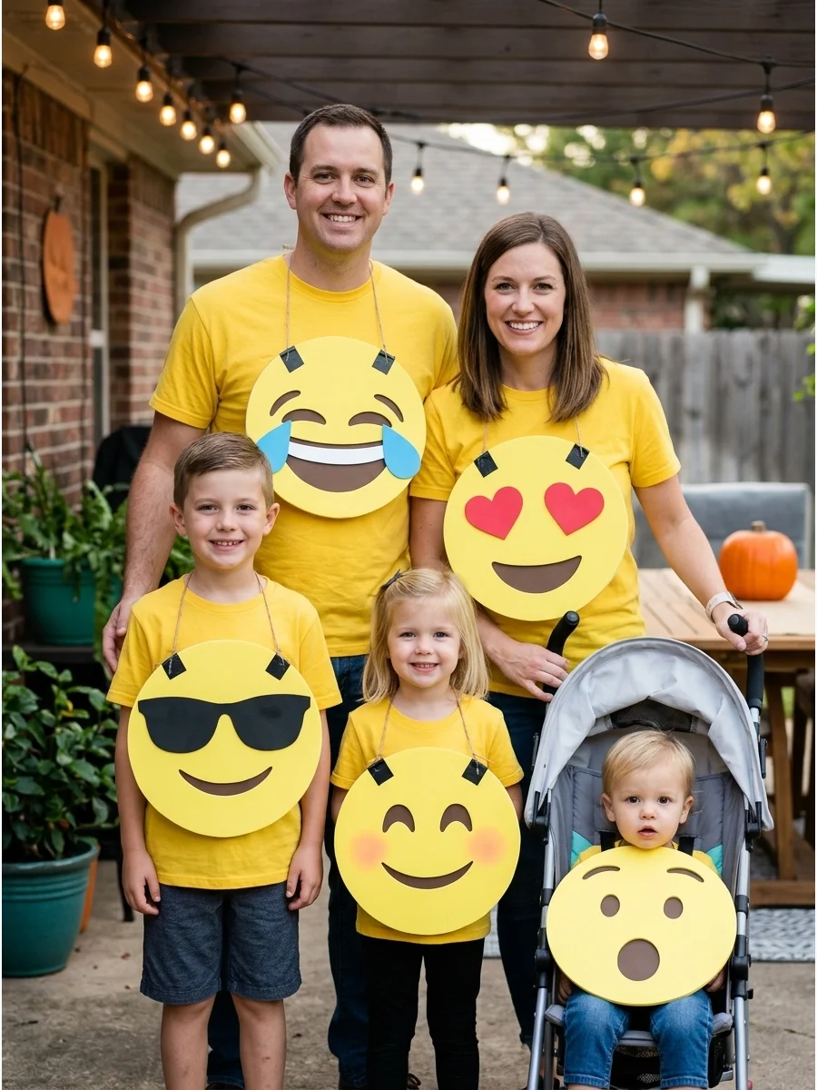 Emoji Family Costume. Let every person choose a different family-friendly emoji, such as a smiling face, heart eyes, laughing face, cool face, or surprised face. Yellow shirts and