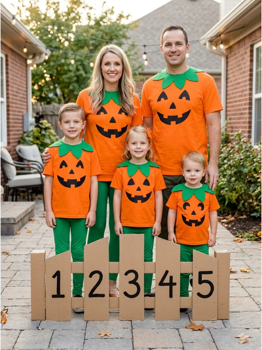 Five Little Pumpkins Costume. Dress every family member as a different pumpkin using orange shirts, green collars, and pumpkin-face designs. Add a cardboard gate or small numbered