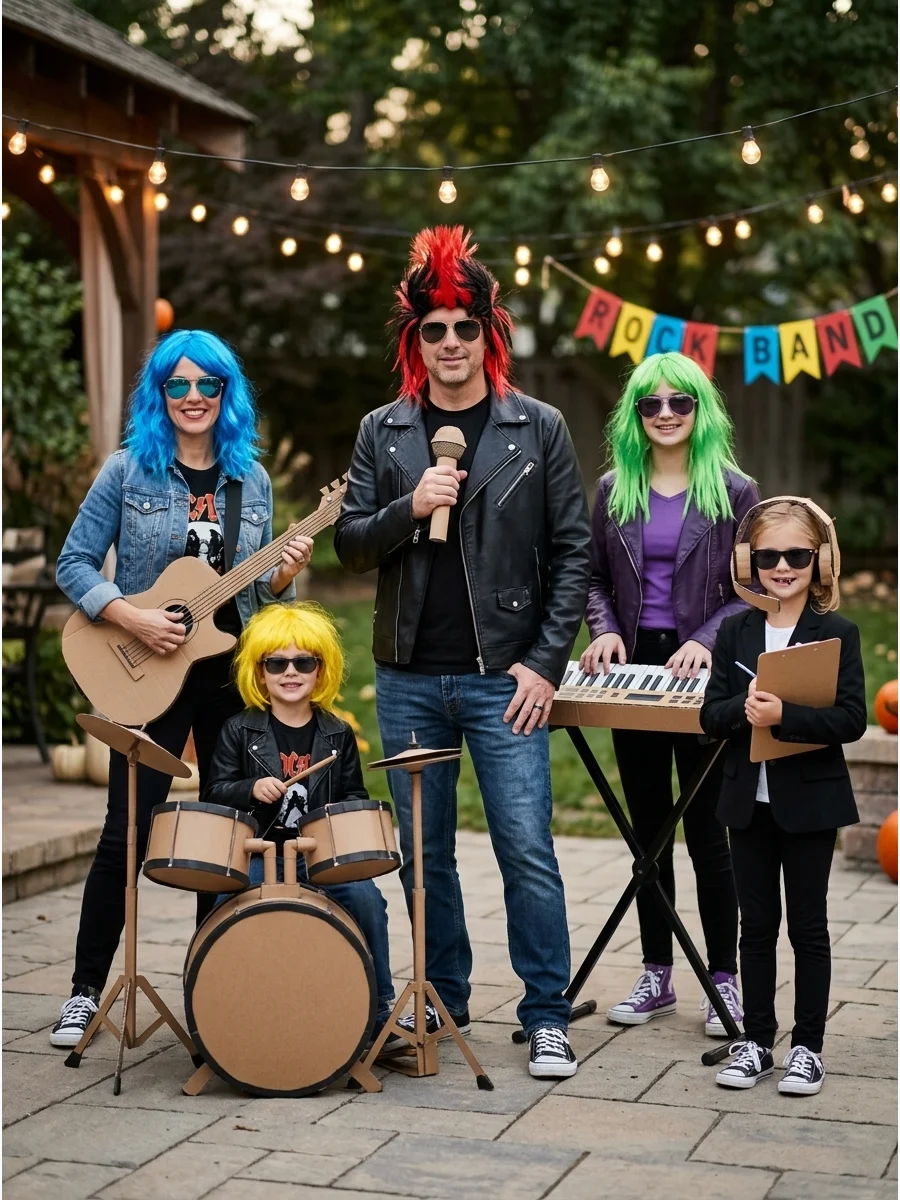 Family Rock Band Costume. Create your own five-person rock band with a singer, guitarist, drummer, keyboard player, and manager. Use leather-style jackets, bright wigs, sunglasses,