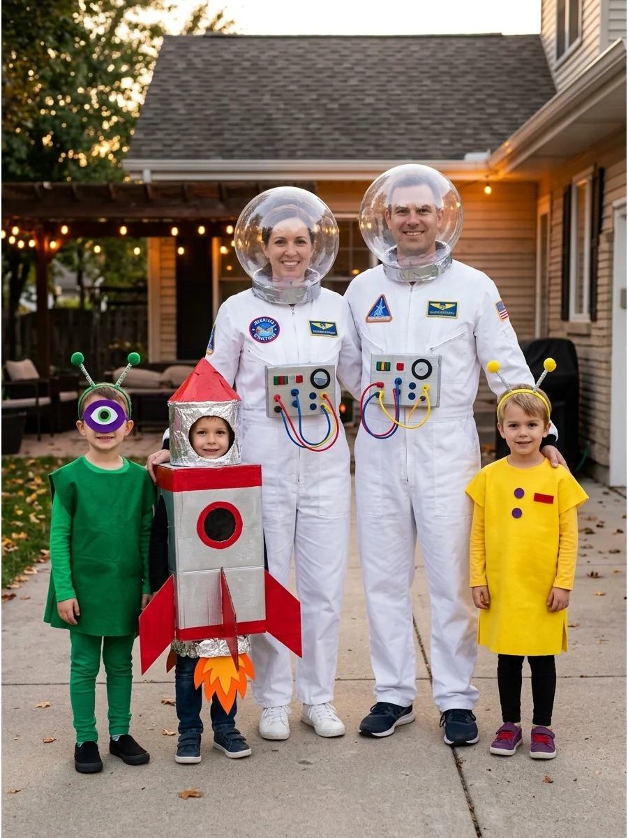 Outer-Space Mission Costume. Dress as two astronauts, two colorful aliens, and a rocket or planet. Silver clothing, white jumpsuits, homemade control panels, antenna headbands, and