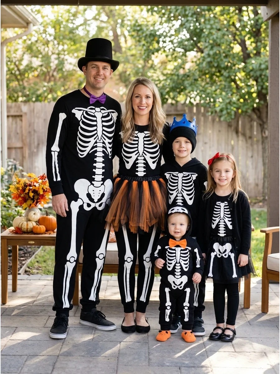 Skeleton Family Costume. Wear matching black outfits decorated with white skeleton-bone designs. Personalize the costumes with a bow tie, tutu, crown, hat, or colored accessories s