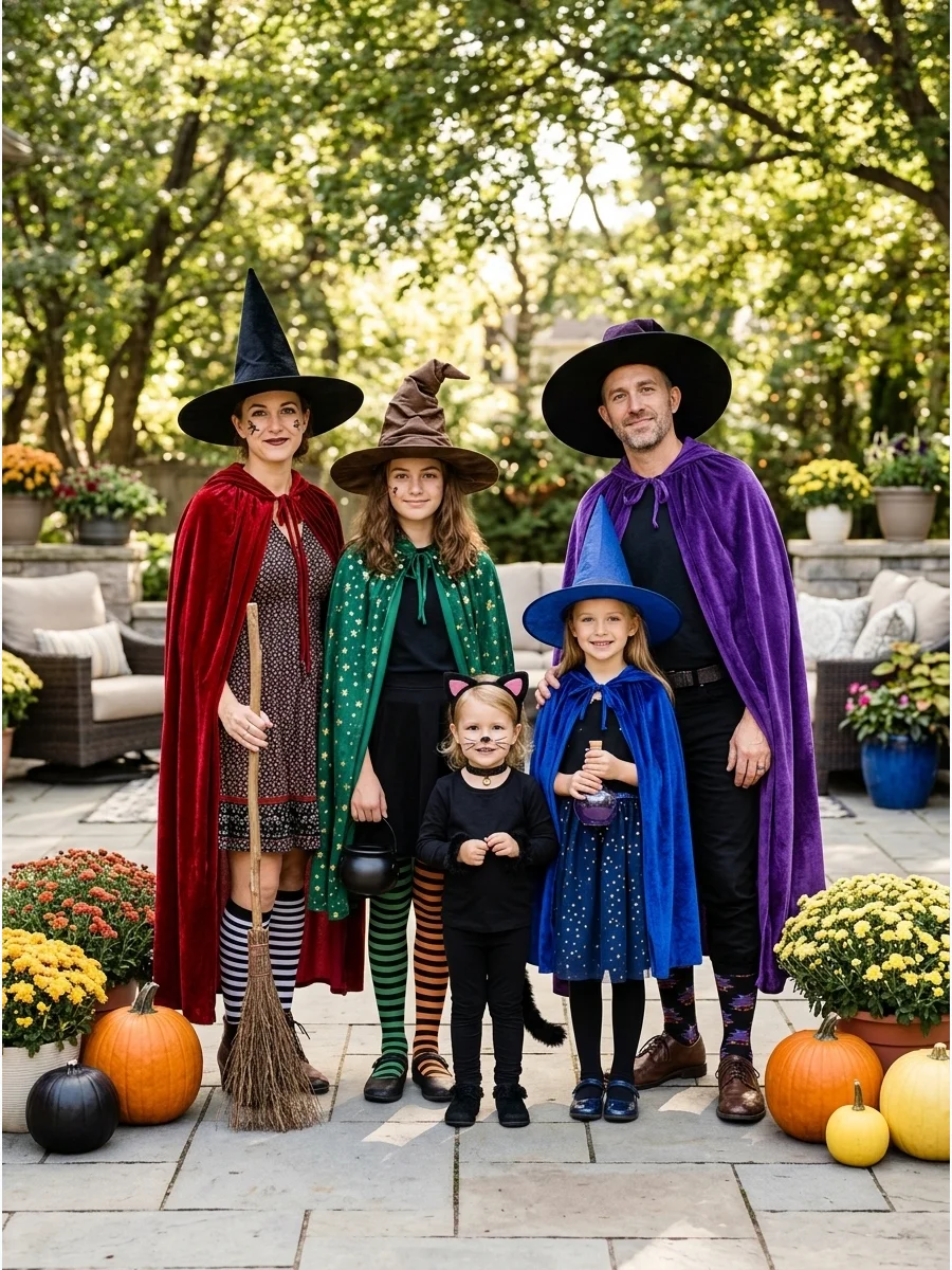 Witch Coven and Black Cat Costume. Dress four family members as witches and the fifth as a black cat. Use different hat shapes, cape colors, striped socks, star patterns, cat ears,