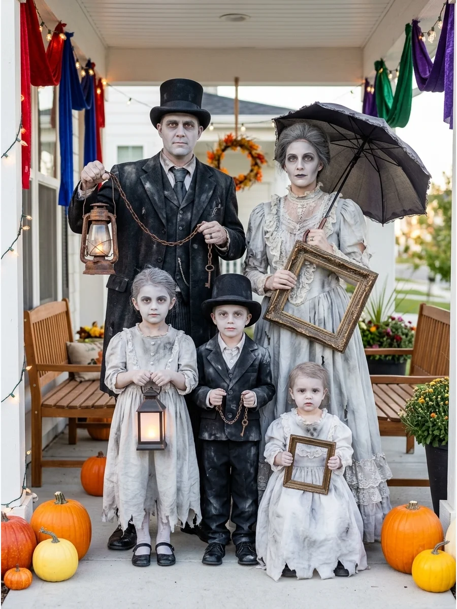 Haunted Mansion Ghosts Costume. Create five old-fashioned ghosts using vintage dresses, suits, hats, umbrellas, and pale gray makeup. Add lightweight chains, lanterns, or antique-l
