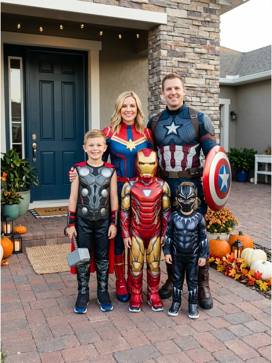Avengers Family Costume. Build your own superhero team with Captain America, Thor, Iron Man, Black Panther, and Captain Marvel. Each family member can choose a favorite hero, so th