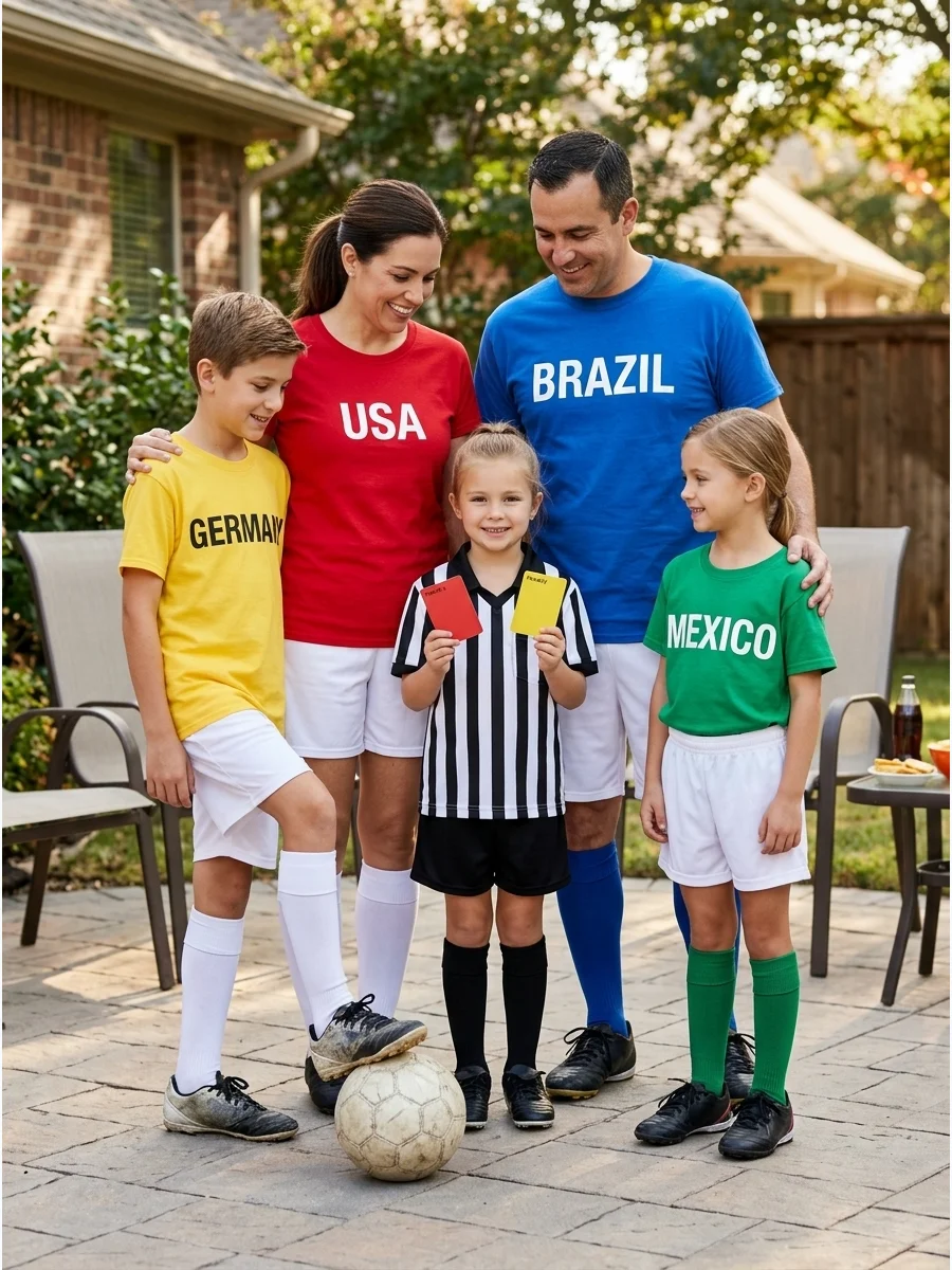 World Cup Soccer Family Costume. Celebrate the 2026 soccer season by dressing four family members as players and one as the referee. Wear matching jerseys, athletic shorts, socks,