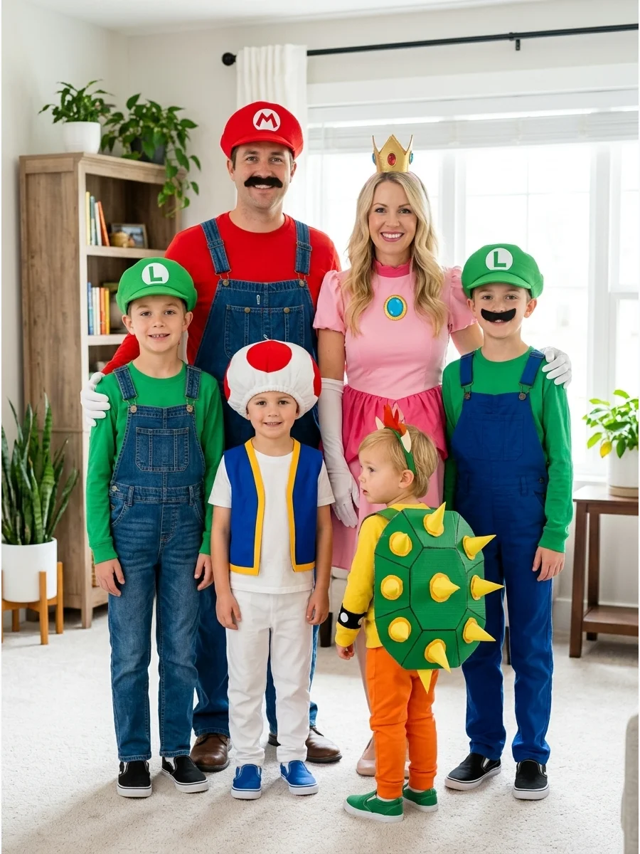 Super Mario Bros. Family Costume. Choose Mario, Luigi, Princess Peach, Toad, and Bowser for a perfectly balanced group of five. Bright colors, character hats, overalls, crowns, and