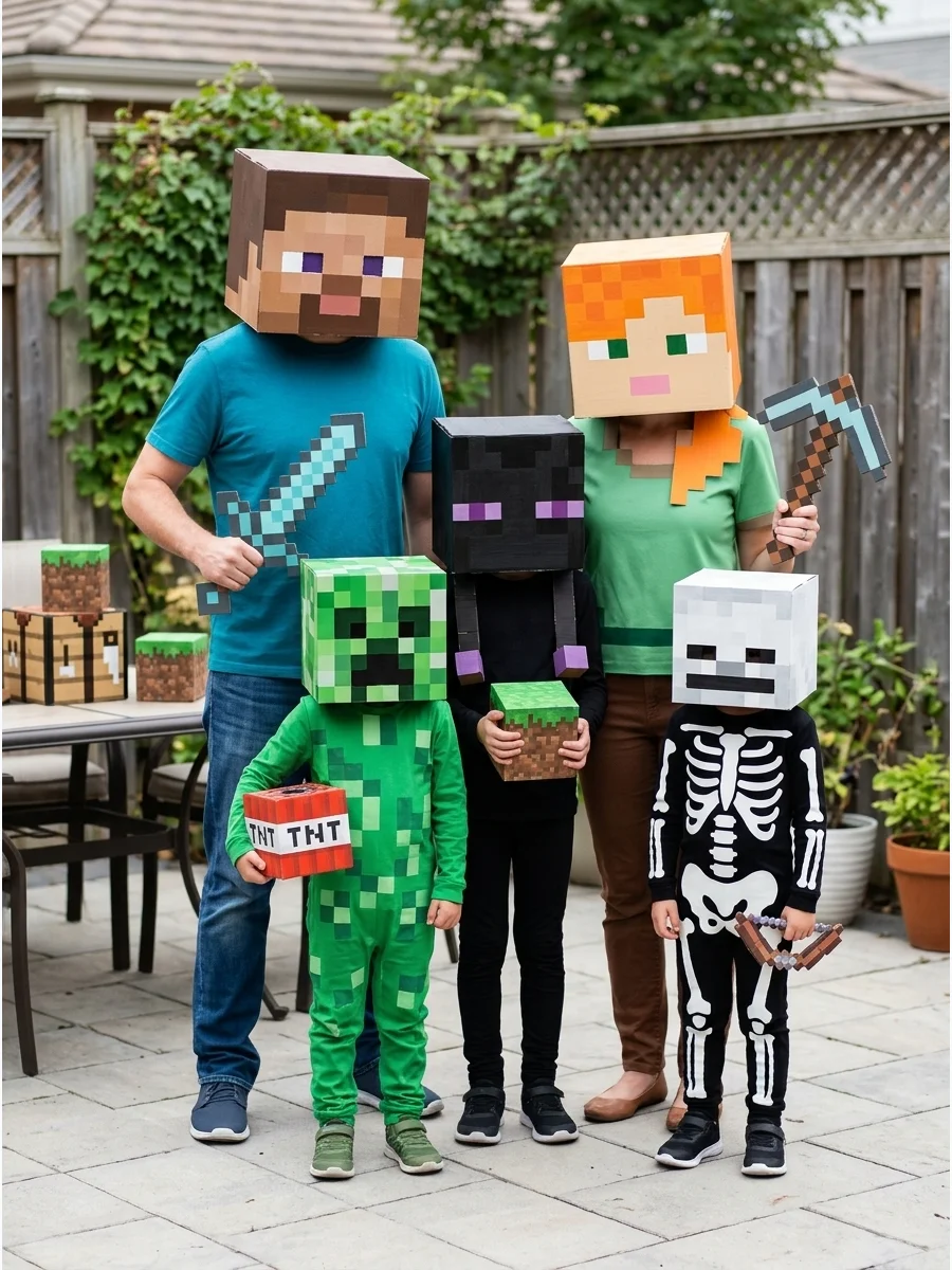 Minecraft Family Costume. Transform your family into Steve, Alex, a Creeper, an Enderman, and a blocky skeleton. Use cardboard boxes and pixel-style paint to create inexpensive squ