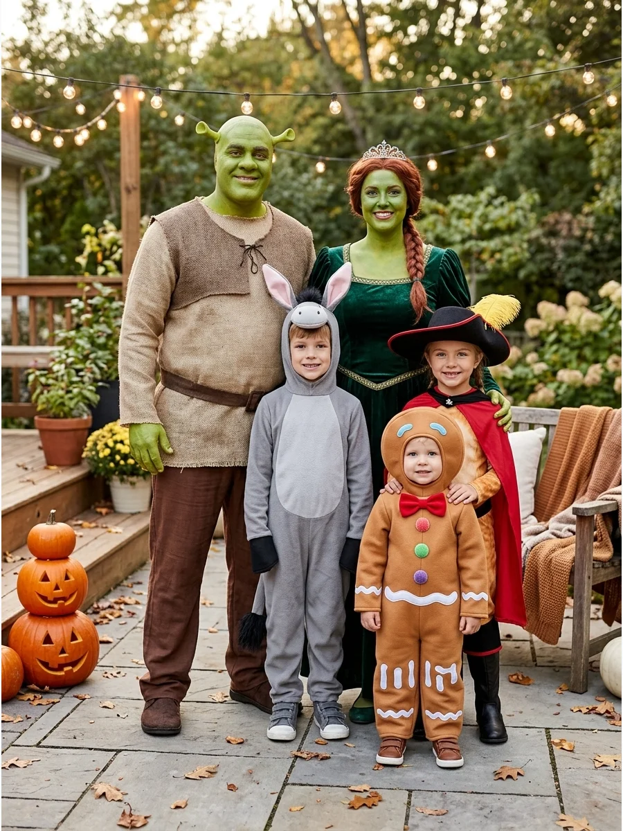 Shrek Family Costume. Dress as Shrek, Fiona, Donkey, Puss in Boots, and Gingy for a funny fairy-tale group. Green face paint, ogre ears, a cowboy hat, animal accessories, and a gin