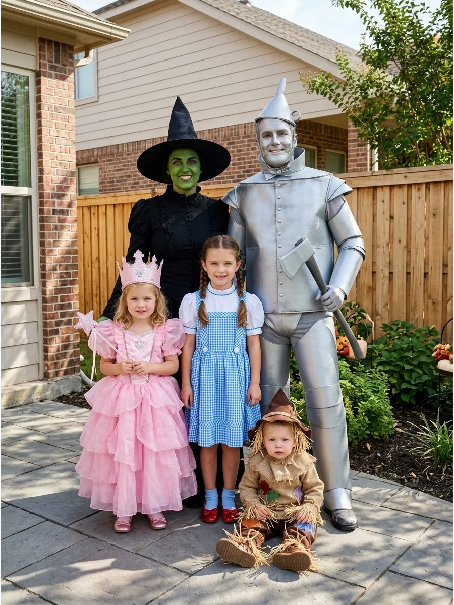Wicked and Wizard of Oz Costume. Combine the worlds of Wicked and The Wizard of Oz with Elphaba, Glinda, Dorothy, the Scarecrow, and the Tin Man. Emerald green, bubblegum pink, gin
