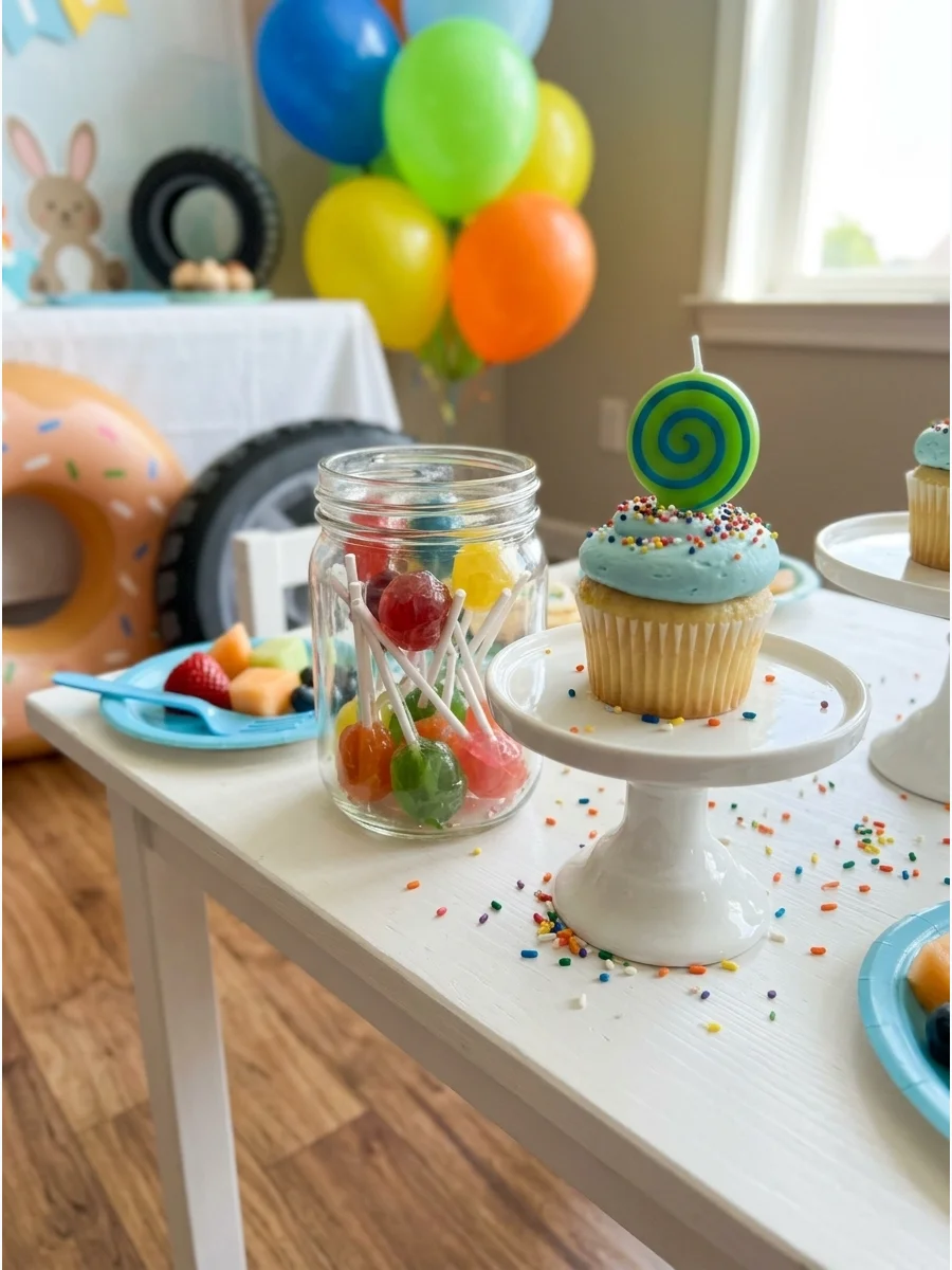 Sweet one birthday theme with colorful balloons and candy props.